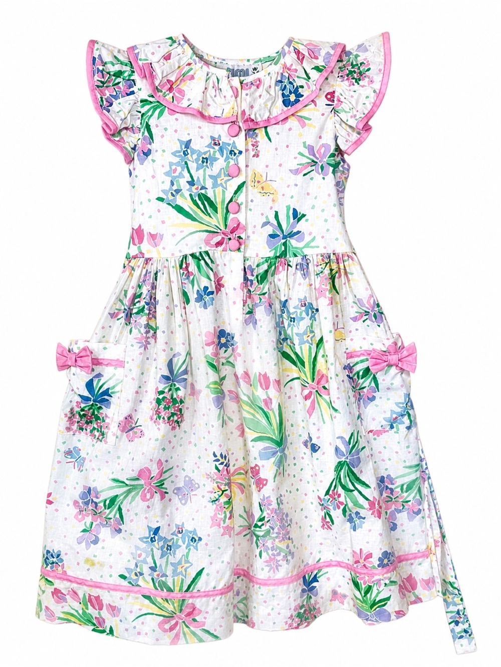 Vintage Y2K Simi Girls Floral Dress 5 Pink Bows Cottagecore Easter Spring USA
